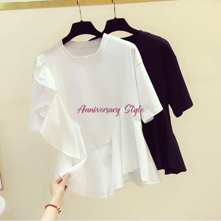 フリル トップス 白 SL 黒 S-3XL予約Ｔシャツ レディース アシンメトリー 半袖 切り替え 2275186 体型カバー 着痩せ 無地 sweet系  の画像