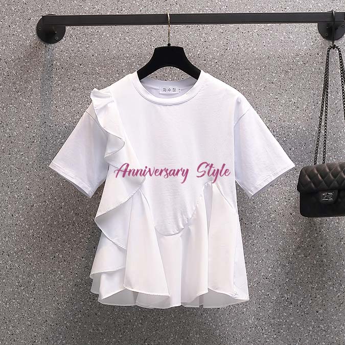 フリル トップス 白 SL 即納 黒 S-3XL予約Ｔシャツ レディース アシンメトリー 半袖 切り替え 2275186 体型カバー 着痩せ 無地 sweet系  の画像