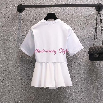 フリル トップス 白 SL 即納 黒 S-3XL予約Ｔシャツ レディース アシンメトリー 半袖 切り替え 2275186 体型カバー 着痩せ 無地 sweet系  の画像