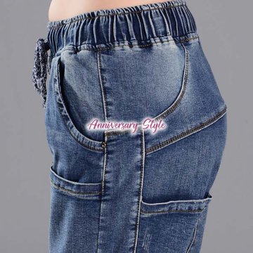 【一部即納】デニムパンツ S-2XL ライトブルー ジーパン ジーンズ 232346 レディース カジュアル ウエストゴム＆紐 ダメージ加工 スキニー ボトムスの画像