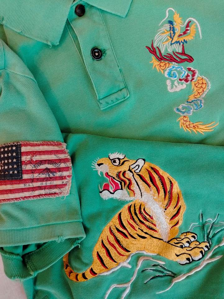 ポロ ラルフローレン Polo Ralph Lauren 刺繍 ポロシャツ 星条旗 半袖 シャツ アメリカ 国旗 フラッグ スカジャン スーベニア ジャケット（USED品）画像