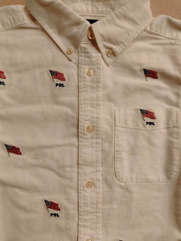 ポロ ラルフローレン Polo Ralph Lauren 星条旗 アメリカ 国旗 ボタンダウン シャツ 総柄 刺繍 BDシャツ ホワイト 半袖画像