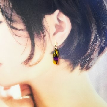 「秋の風」ロングペアシェイプのイヤリング/ピアス　イエローパープルコッパー 14kgfの画像