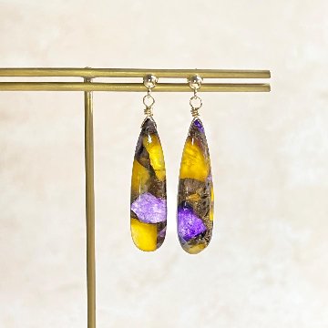 「秋の風」ロングペアシェイプのイヤリング/ピアス　イエローパープルコッパー 14kgfの画像