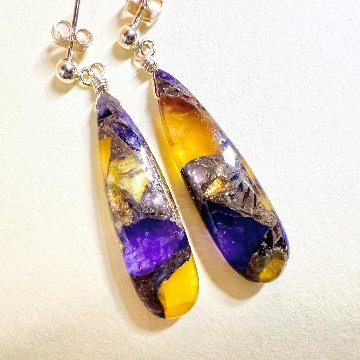 「秋の風」ロングペアシェイプのイヤリング/ピアス　イエローパープルコッパー 14kgfの画像