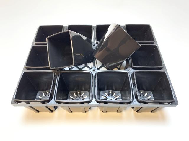 プレステラ90対応：四角型枠黒トレイハーフ＋3号厚手-スクウェアスマート型プラ鉢-黒(トレイ1枚＋12鉢付きで1セット)[254GB]画像
