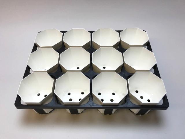 9cmポットや2.5～3号鉢用四角型枠トレイ：ハーフ-12鉢用＋八角縁切立白プラ鉢-2.5号-小(トレイ1枚＋12鉢付きで1セット)[W][254GW]の画像