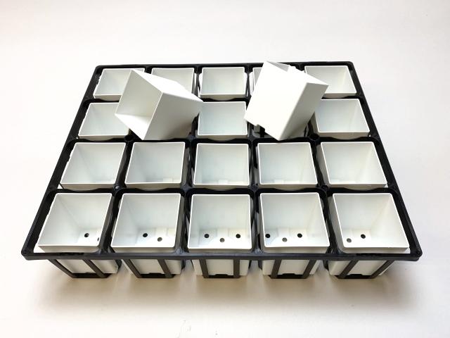 7.5cmポットや2号鉢用四角型枠トレイ：ハーフ標準型[H6.4cm]-20鉢用＋シンプルでマットなプラ鉢2号白-四角(トレイ1枚＋20鉢付きで1セット)[w]の画像