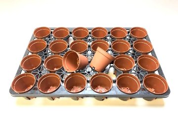 7.5cmポットや2.5号鉢用丸型枠トレイ：4×6=24鉢用＋生産者仕様で栽培～出荷用：7.5cmポット[茶](トレイ1枚＋24鉢付きで1セット)画像