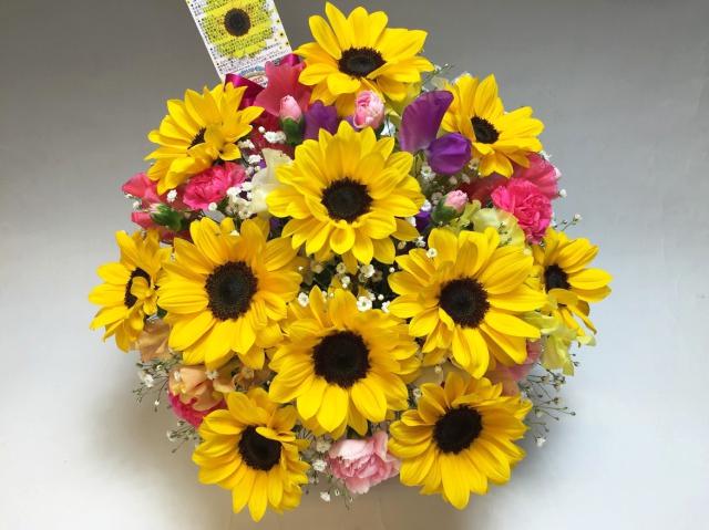 ひまわり11本＋季節のアソート花入 フラワーアレンジメント-小(生花140規格)の画像