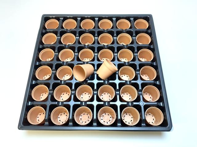1号プラ鉢ぴったり整理トレイ：深型-薄(ソフト)＋1号プラ鉢-パステル茶-超ミニサイズ(トレイ1枚＋36鉢付きで1セット)の画像