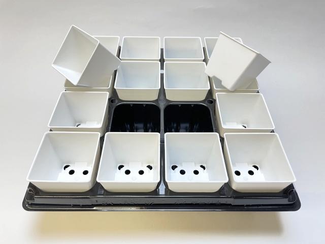 2号プラ鉢ぴったり整理トレイ-厚(ハード)＋2号プラ鉢四角型-白色-ミニサイズ(トレイ1枚＋16鉢付きで1セット)の画像