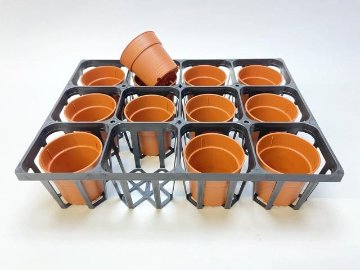 プレステラ90対応：四角型枠黒トレイハーフ＋テラコッタ鉢型風プラ鉢-2号-茶(トレイ1枚＋12鉢付きで1セット)画像