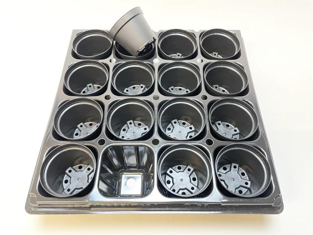 2号プラ鉢ぴったり整理トレイ-厚(ハード)＋2号プラ鉢どっしり型-ミニサイズ【黒】(トレイ1枚＋16鉢付きで1セット)[*]の画像