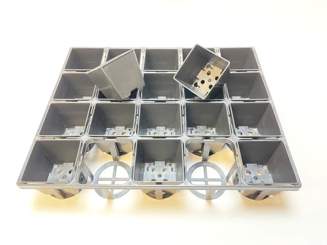 7.5cmポットや2号鉢用四角型枠トレイ：ハーフ浅型[H5.5cm]-20鉢用＋2号プラ鉢四角型-黒色-ミニ(トレイ1枚＋20鉢付きで1セット)[*]の画像