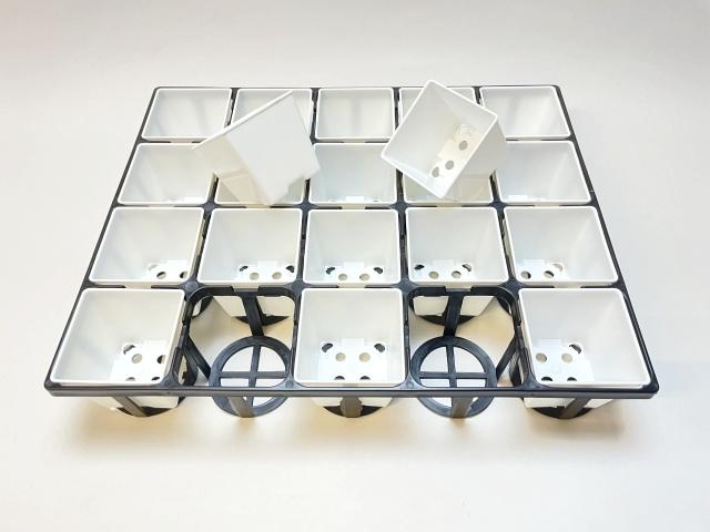 7.5cmポットや2号鉢用四角型枠トレイ：ハーフ浅型[H5.5cm]-20鉢用＋2号プラ鉢四角型-白色-ミニ(トレイ1枚＋20鉢付きで1セット)の画像