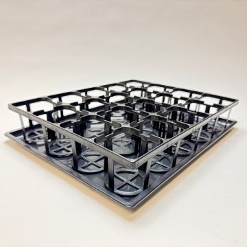 7.5cmポットや2号鉢用四角型枠トレイ：ハーフ浅型[H5.5cm]-20鉢用＋ミニ素焼鉢型風プラ鉢2号-縁八角*丸鉢：水色(トレイ1枚＋20鉢付きで1セット)の画像