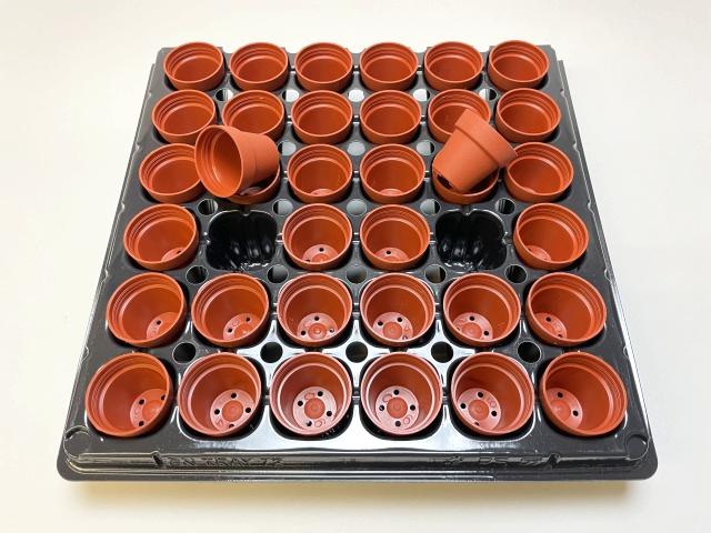 1号プラ鉢ぴったり整理トレイ-厚(ハード)＋1号プラ鉢-赤茶(梨地加工)-超ミニサイズ(トレイ1枚＋36鉢付きで1セット)の画像