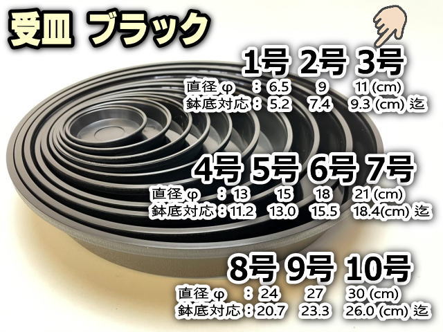 受皿-3号黒[ブラック](φ約11cm×高さ2.0cm)鉢皿※鉢底直径φ9.3cm迄の鉢がギリギリ入るサイズ＊1枚売※黒で擦れ傷目立ちがちお許し下さいの画像