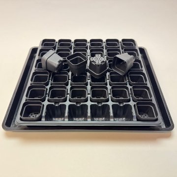 1号プラ鉢ぴったり整理トレイ：深型-薄(ソフト)＋1.3号四角極小ミニスリット浅型鉢45型-黒(トレイ1枚＋36鉢付きで1セット)の画像