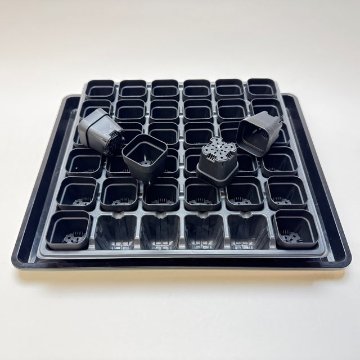 1号プラ鉢ぴったり整理トレイ：深型-薄(ソフト)＋1.3号四角極小ミニスリット浅型鉢45型-黒(トレイ1枚＋36鉢付きで1セット)の画像