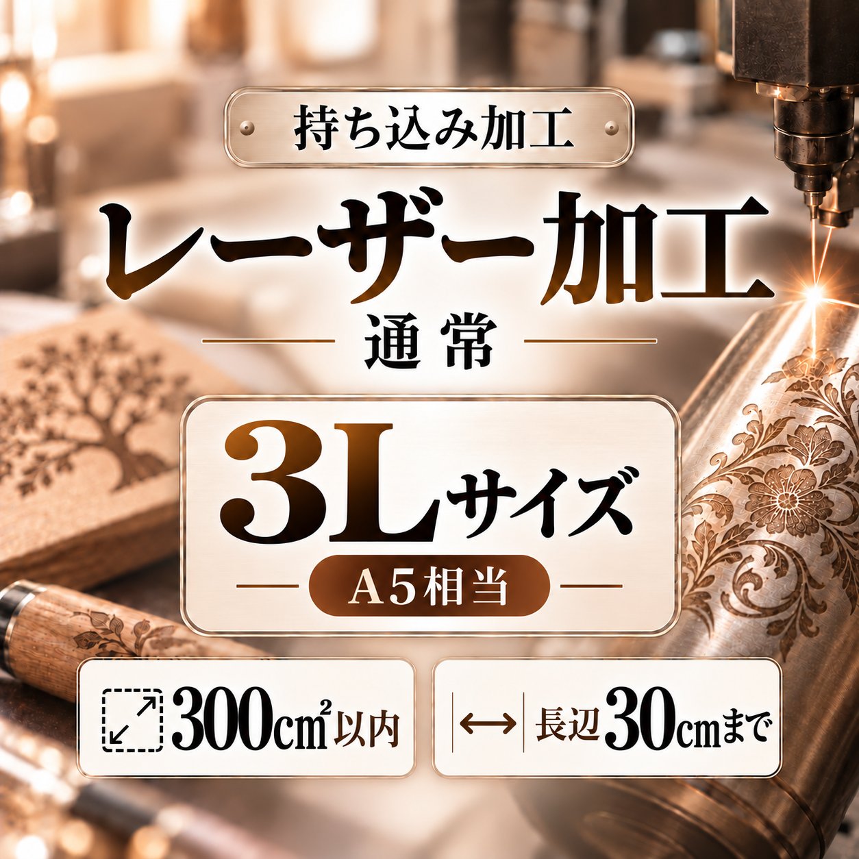 レーザー加工　持ち込み素材　通常彫刻　３Ｌサイズ　300㎠以内　長辺30cm迄の画像