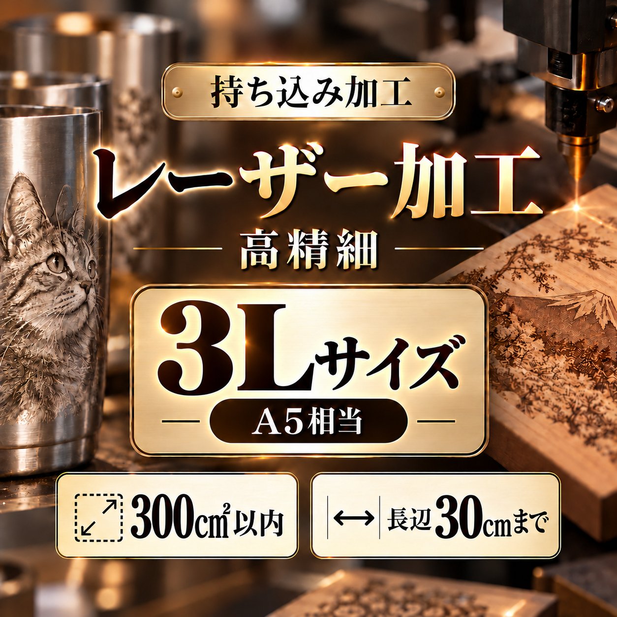 レーザー加工　持ち込み素材　写真彫刻　高精細彫刻　３Ｌサイズ　300㎠以内　長辺30cm迄の画像