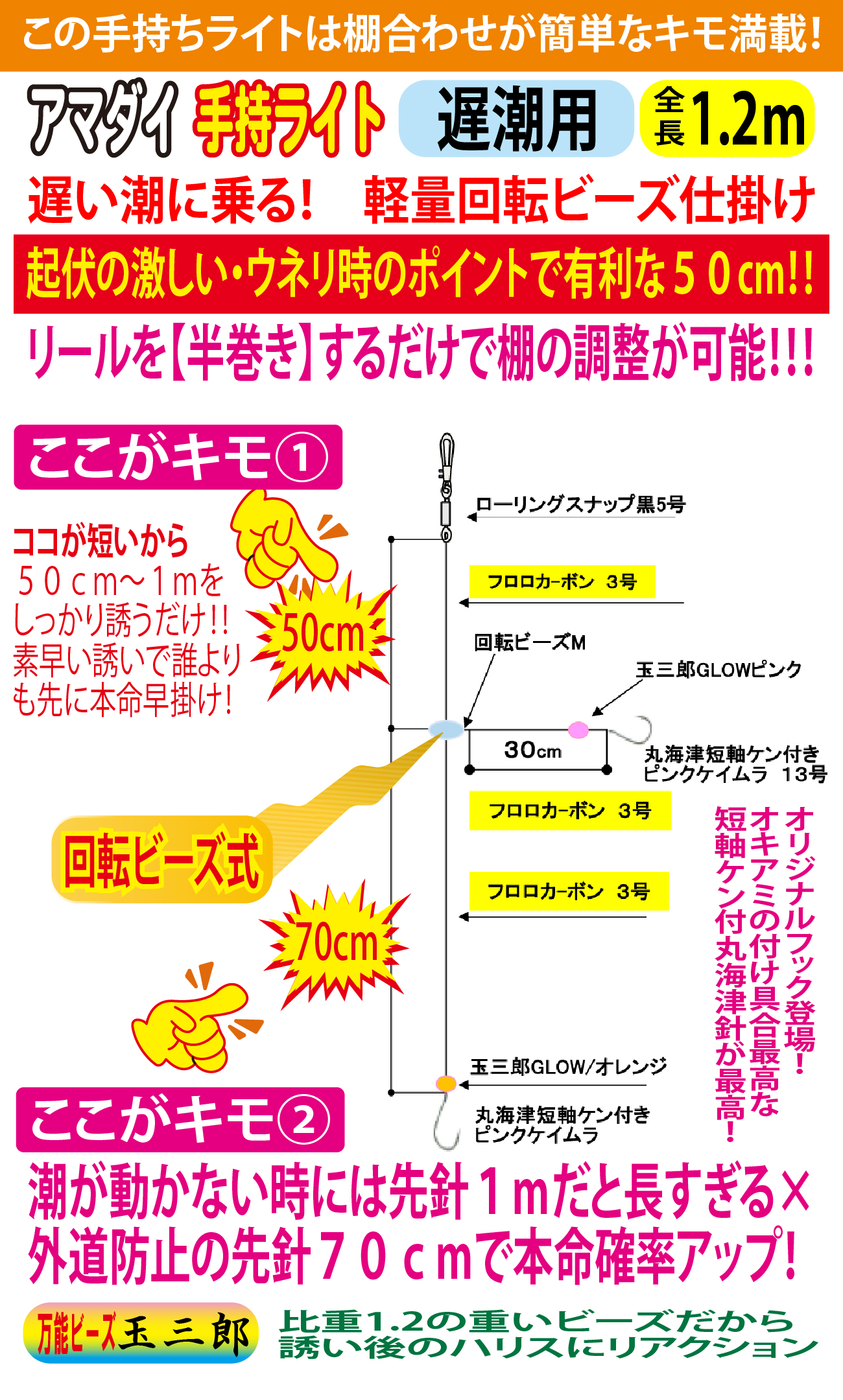 JOKERアマダイ仕掛け　手持ライト２本針２組入　遅潮/回転ビーズ　１３号－３号/３号　１．２ｍの画像