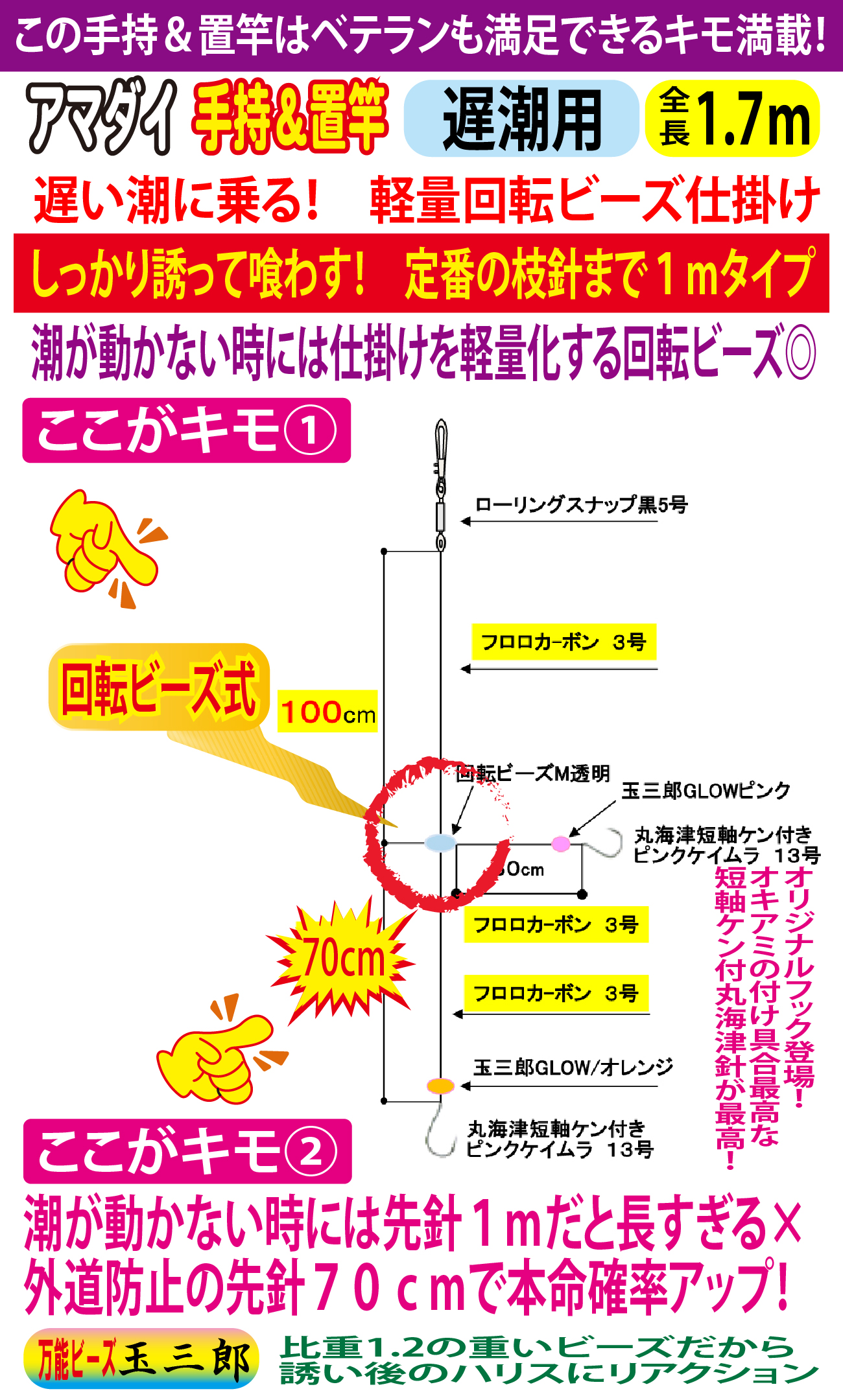 JOKERアマダイ仕掛け　手持置竿用２本針２組入　遅潮/回転ビーズ　１３号－３号/３号　１．７ｍの画像