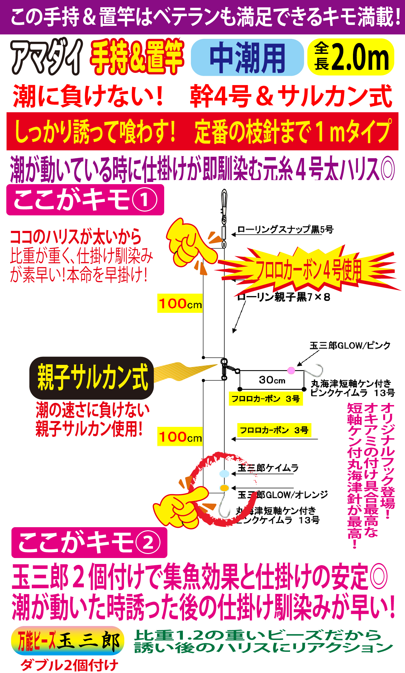 JOKERアマダイ仕掛け　手持置竿用２本針２組入　中潮/R親子　１３号ｰ３号/４号　２．０ｍの画像