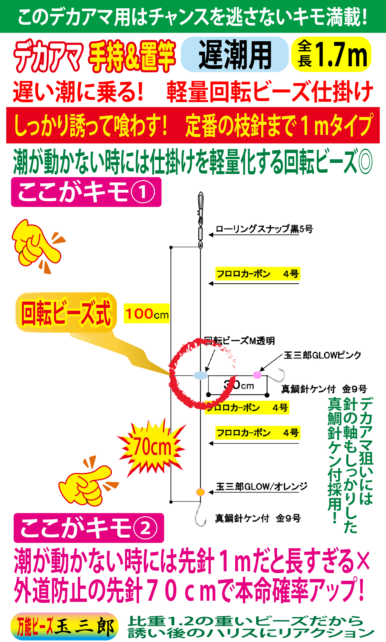 JOKERデカアマダイ仕掛け　手持置竿用２本針２組入　遅潮/回転ビーズ　９号－4号/4号　１．７ｍの画像