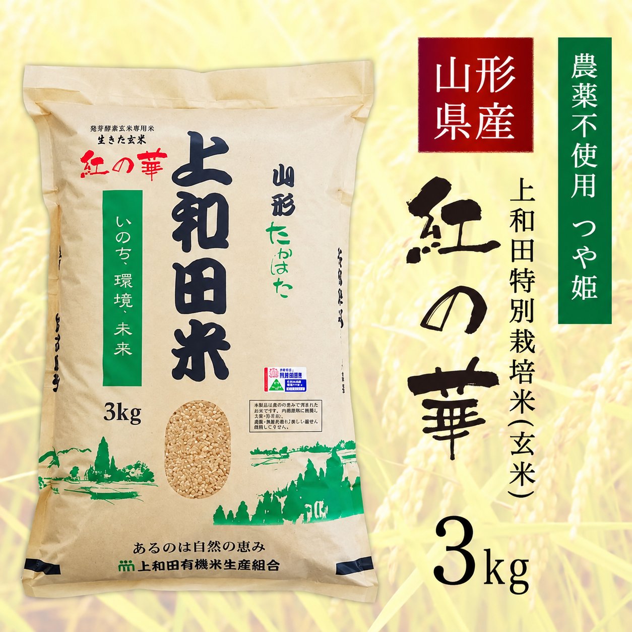 【令和7年産新米】紅の華3kg（農薬不使用コシヒカリ玄米）の画像