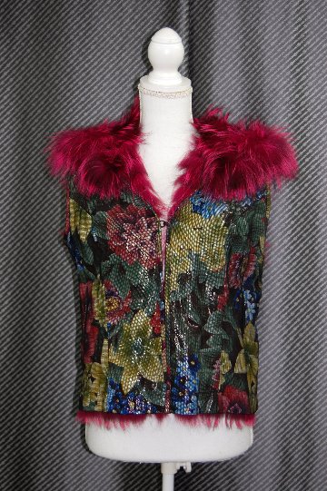 プリンテッドラムレザー＆シルバーフォックス　リバーシブルフーディーベストの画像