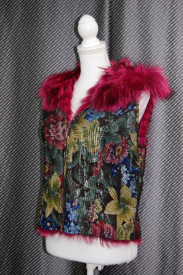 プリンテッドラムレザー＆シルバーフォックス　リバーシブルフーディーベストの画像