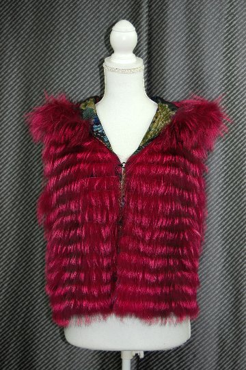 プリンテッドラムレザー＆シルバーフォックス　リバーシブルフーディーベストの画像