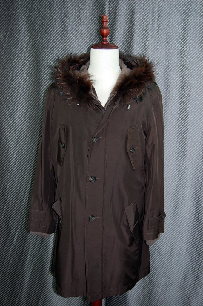 Men'sシェアードラビット＆カシミヤ混ウールニットライナー付　シルクコート　チャイナラクーントリムの画像