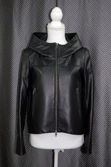 ラムレザー　ハイネックフーディージャケットの画像
