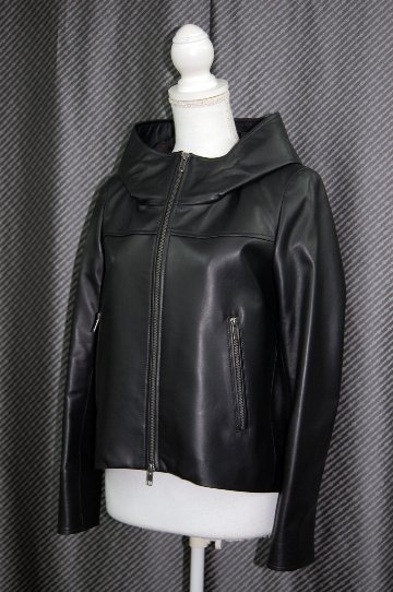 ラムレザー　ハイネックフーディージャケットの画像