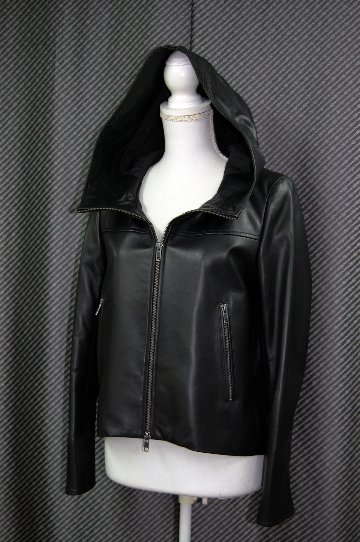 ラムレザー　ハイネックフーディージャケットの画像