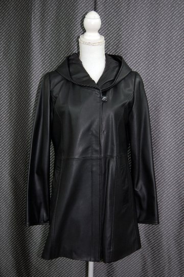 ラムレザー　フーディーロングジャケットの画像