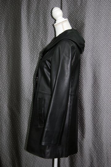 ラムレザー　フーディーロングジャケットの画像