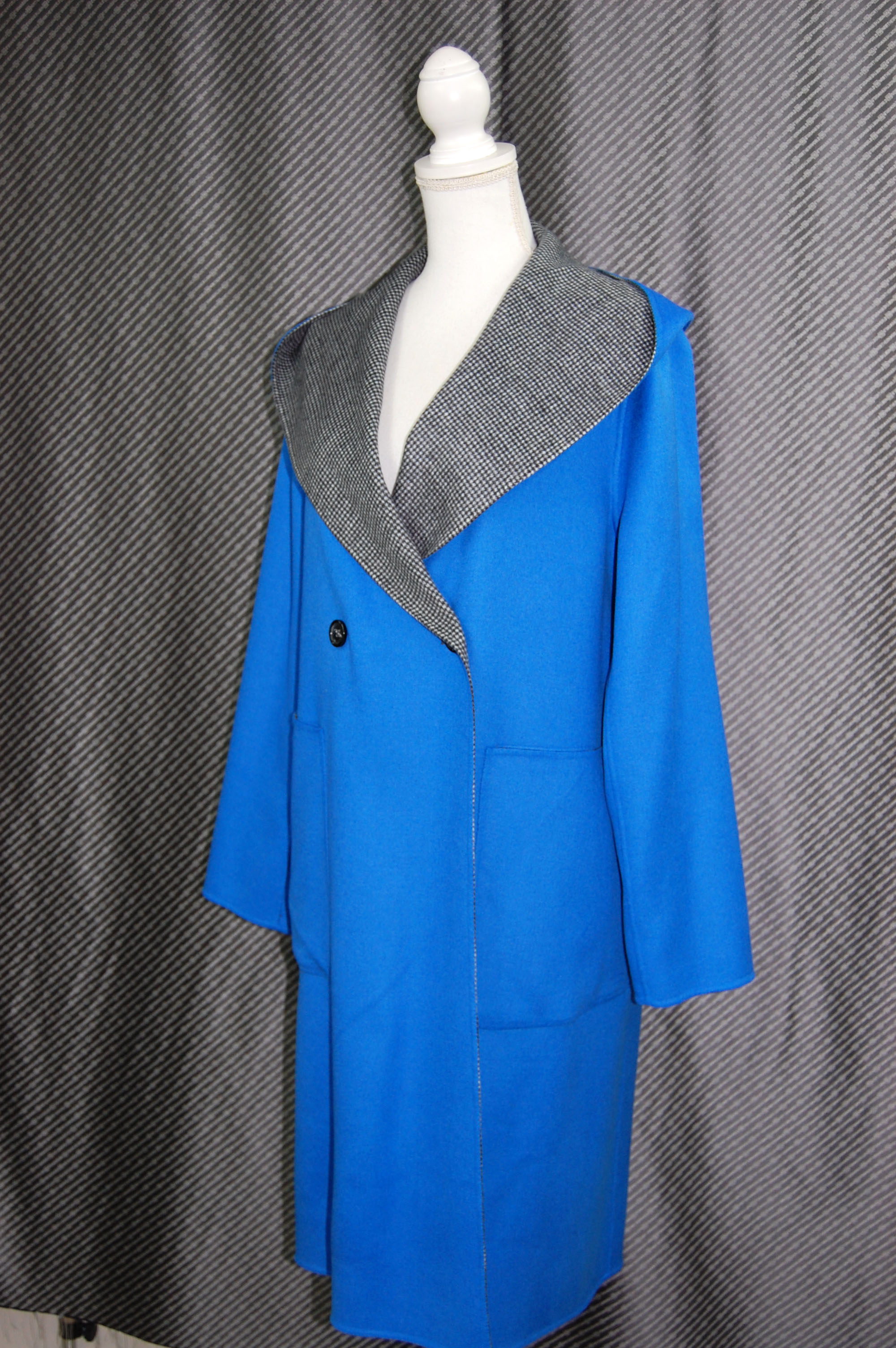 ウール混合 ダブルブレストピーコート ニットフード付き ウール混合