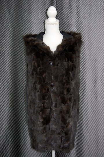 ロシアンセーブル＆シルク　リバーシブルフーディーロングベストの画像