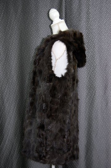 ロシアンセーブル＆シルク　リバーシブルフーディーロングベストの画像