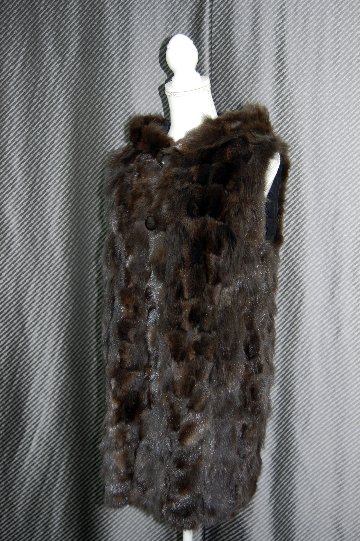 ロシアンセーブル＆シルク　リバーシブルフーディーロングベストの画像