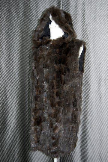 ロシアンセーブル＆シルク　リバーシブルフーディーロングベストの画像