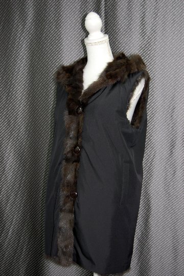 ロシアンセーブル＆シルク　リバーシブルフーディーロングベストの画像