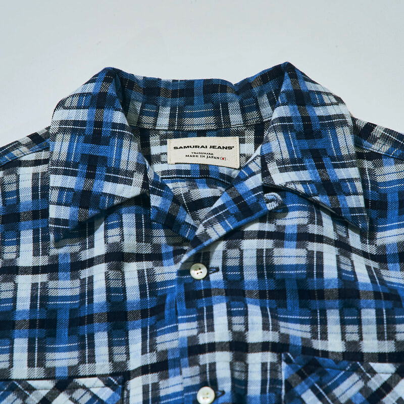 SOS24-L01 藍 藍破れ格子長袖オープンカラーシャツ SOS24L01 SAMURAIJEANS サムライジーンズ シャツ 長袖シャツの画像