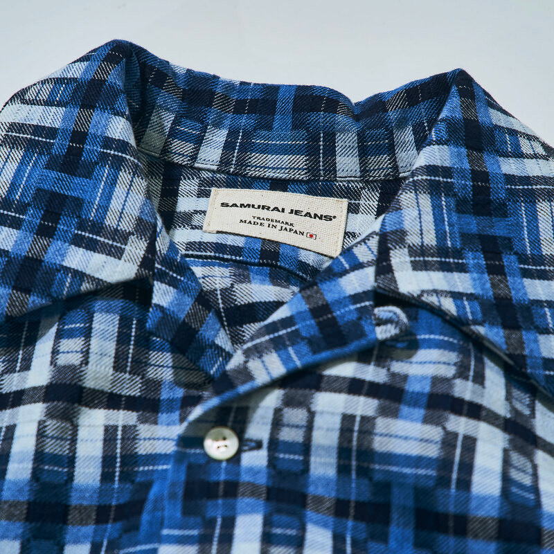 SOS24-L01 藍 藍破れ格子長袖オープンカラーシャツ SOS24L01 SAMURAIJEANS サムライジーンズ シャツ 長袖シャツの画像