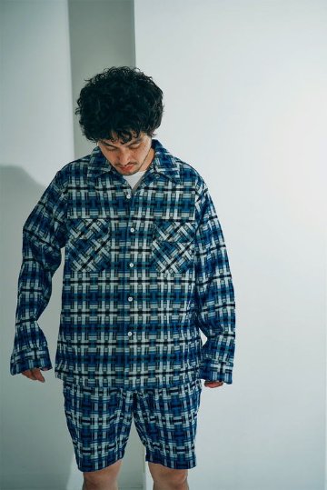 SOS24-L01 藍 藍破れ格子長袖オープンカラーシャツ SOS24L01 SAMURAIJEANS サムライジーンズ シャツ 長袖シャツの画像